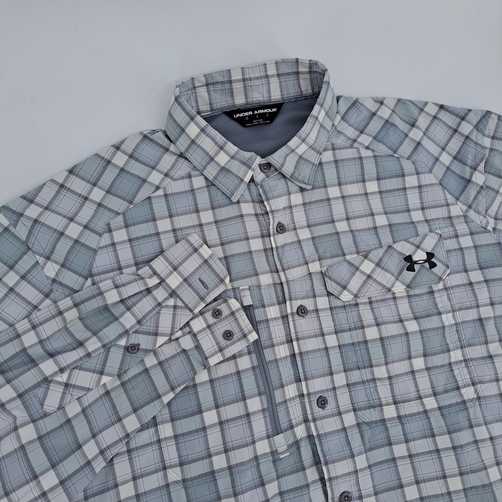 Under Armour HeatGear Shirt Mens Large Grey White Plaid Vented Long Sleeve Loose